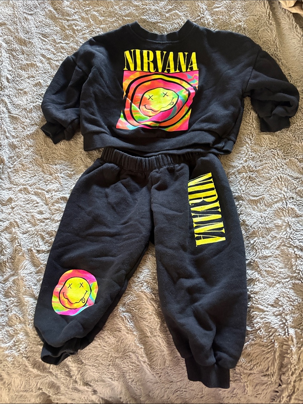 Zara Kids NIRVANA Black Kids Sweatpants & Top Set with Neon Smiley